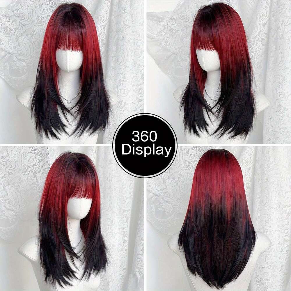 NAMM Women's Long Straight Dark Roots Synthetic Fiber Wig With Bangs Ends Brown Base, Comfortable Rose Net Cap, Pre-Styled Loose Layered Cosplay,