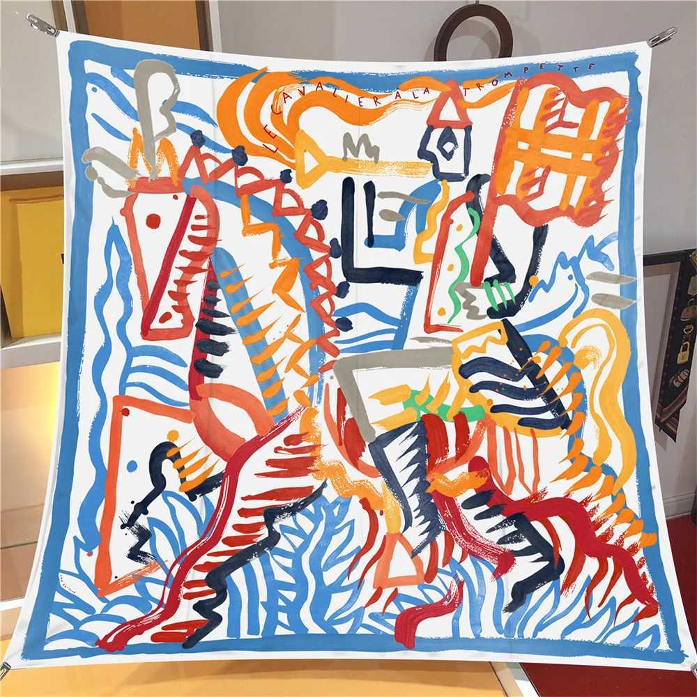 Silk Scarf Wen Graffi Horse Print Square Scarves Echarpes Silk Foards Fme Wraps Beach Shawls Bandana Lady Hijabs 90CMW251027