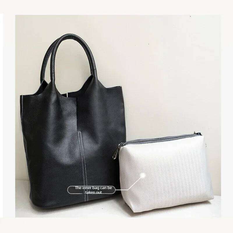 Women Bucket Female Casual Genuine Cow Leather Shoulder Bags Ladies Tote Handbags Cowhide Big Shopper Bag Lady