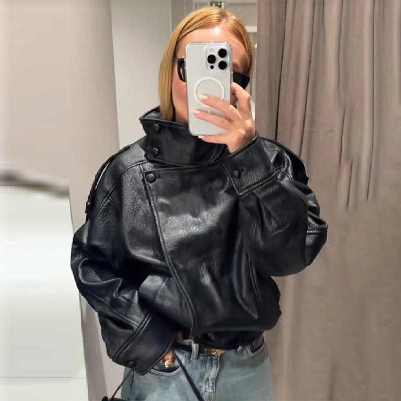 Stylish Pu Leather Jacket Standcollar Loose Long Sleeved Coat Cool Casual Chic Versatile Outerwear Autumn Women Streetwear 251023