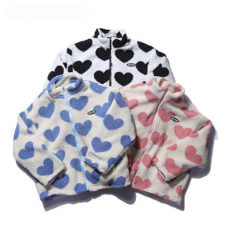 Women Double-Sided Lamb Fur Plush Coat Couple Loose Heart Print Love Padded Jackets Casual Zipper Winter Stand Up Collar Outwear