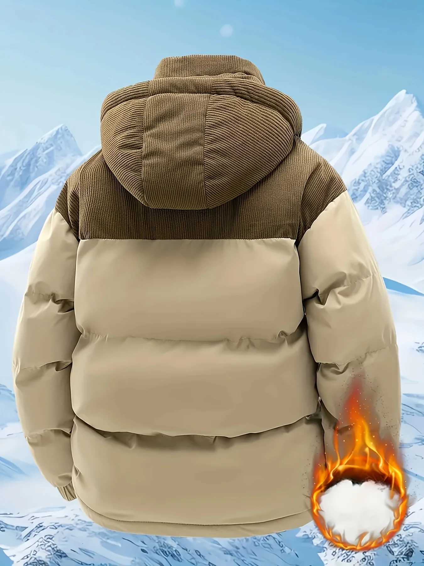 MenS Heavy-Duty Winter Jacket - Full-Zip Hooded Coat with Zippered Pockets Non-Stretch Fabric for Cold WeatherT251107