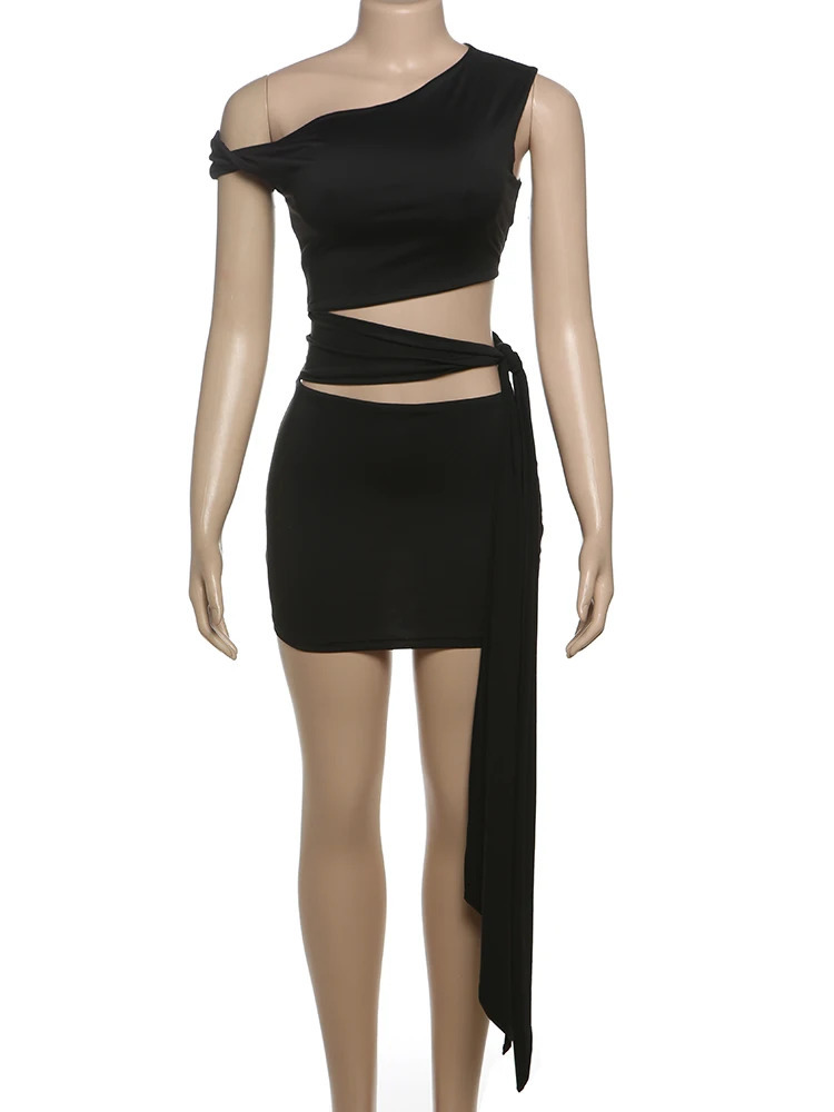 Weird Puss Sexy Hollow Dress Women Irregular Diagonal Collar Waistless Midnight tie Club Party Trend Coquettish Mini Bodycon 251027