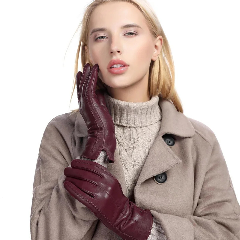 Womens sheepskin gloves winter warm plus velvet short thin touch screen driving color womens leather gloves 251021