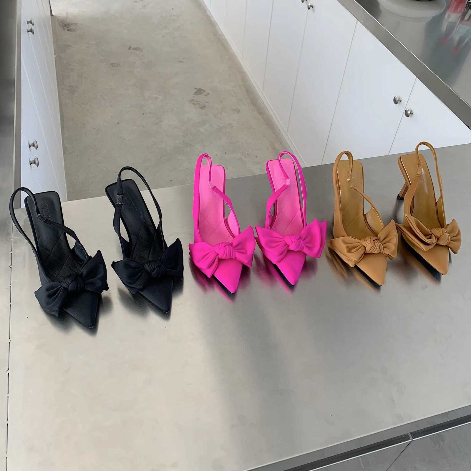 2024 Spring New Brand Woman Slingback Shoes Fi Bowknot Ladies High Heels Elegant Pointed Toe Slip Sandal Mules D110XJ251027