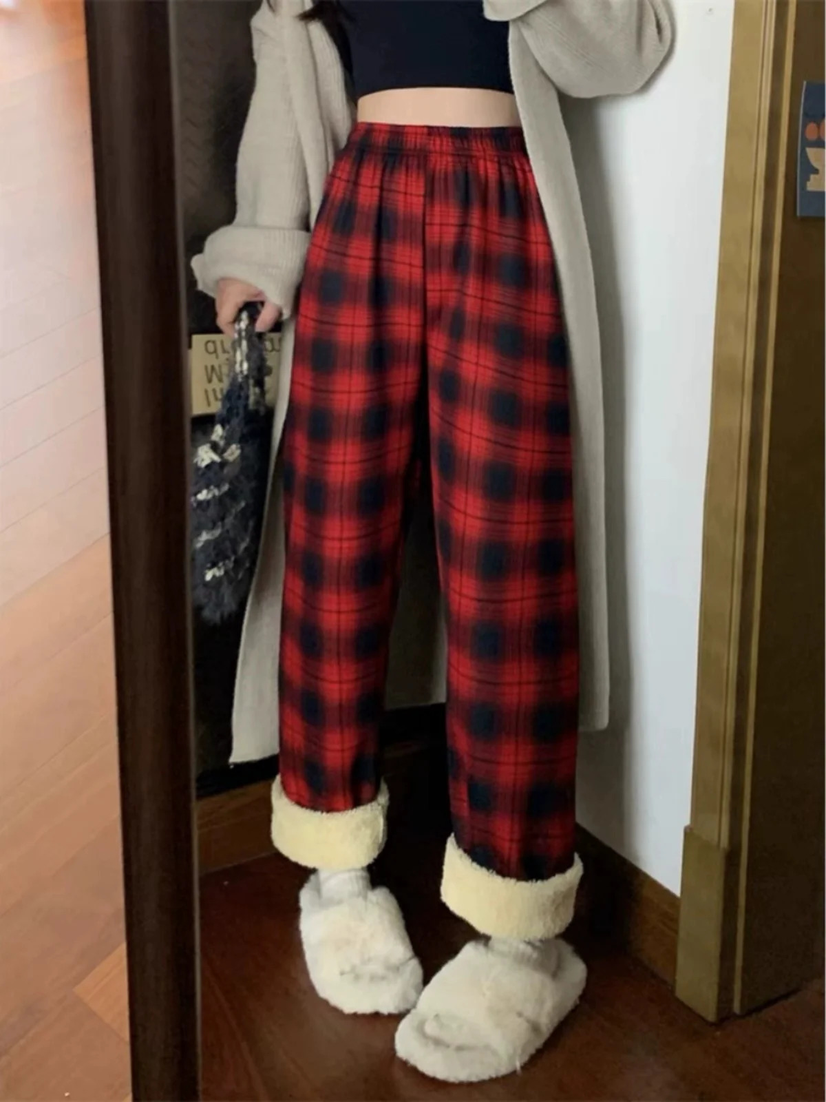 Lamb Velvet Fce Lined Thiened Plaid Casual Pants Womens Autumn Winter Loose Straight Wide Leg Cotton Spwear 251027