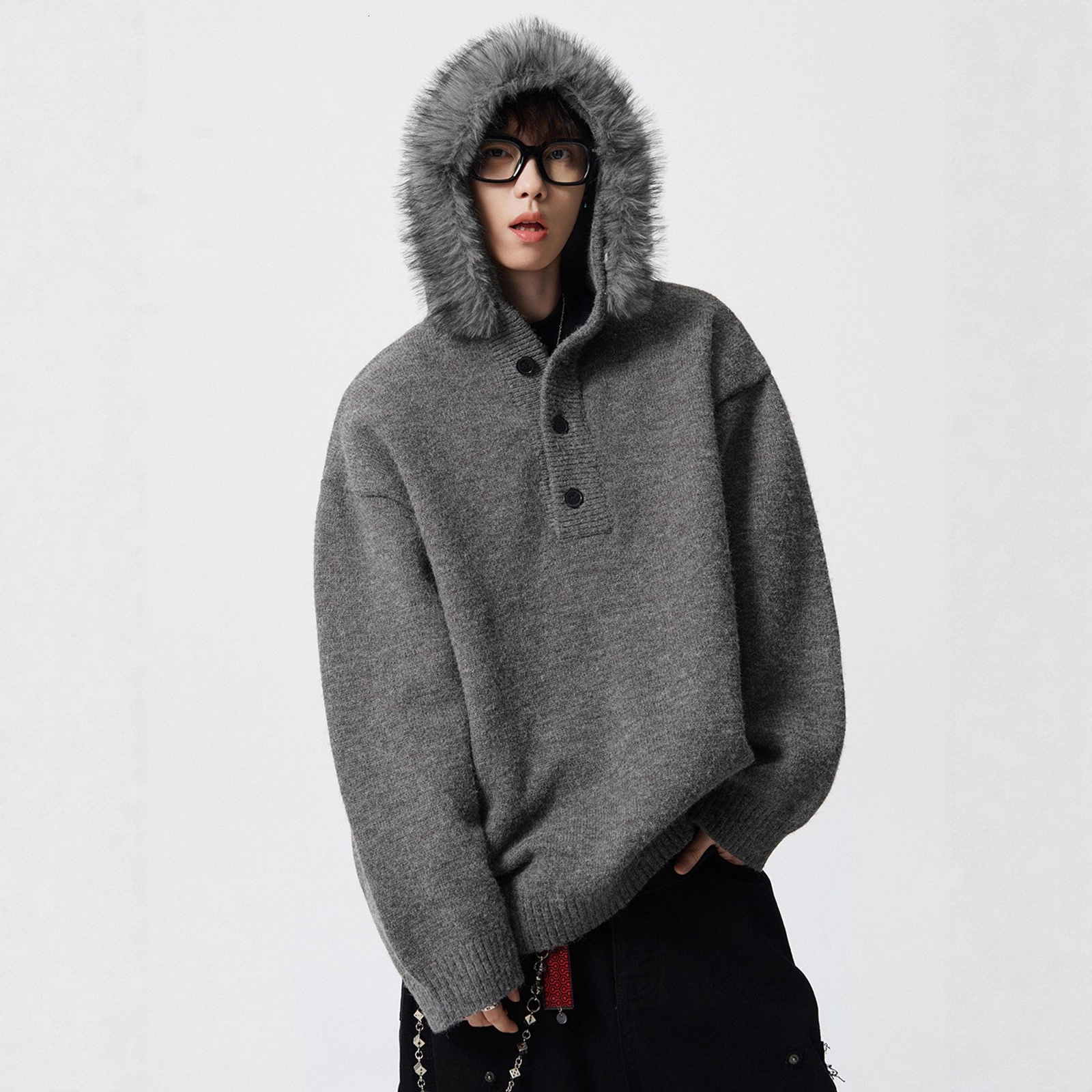 American Style Hooded Sweater With Large Fur Collar For Men And Designer Sweater Women Autumn And Winter Pullover Knitwear Lazy Style Loose Coat Trend