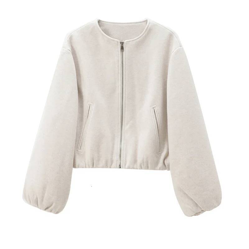 winter jacket women HXAO Outerwears Cropped Bomber Jacket Women Autumn Long Sleeve Faux Wool For Woman Winter Zip Up Gray Beige Short Coats
