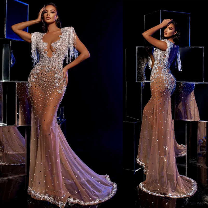 Vintage Sequined Lace Prom Dresses Sexy Sleeveless Tassels Beaded Evening Dress Floor Length Party Gown Customized