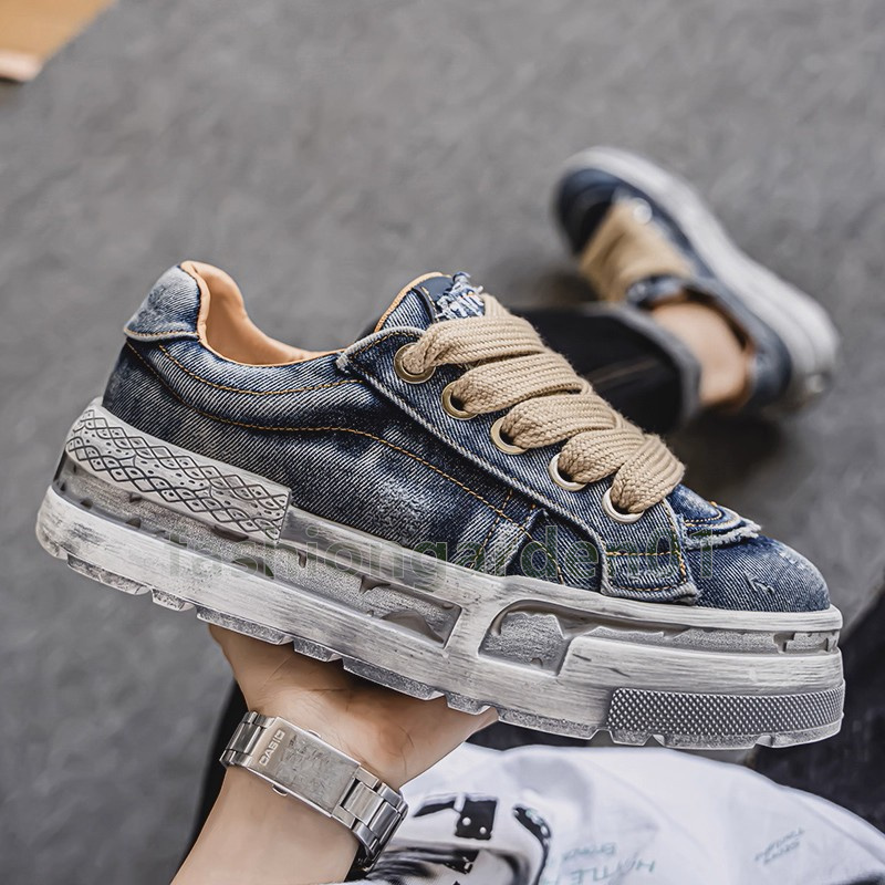 Versatile Trendy Mens Shoes Classic Washed Denim Sneakers Retro Blue Black Camel Slip-Resistant Thick-Sole Male Trainers Size 39-44