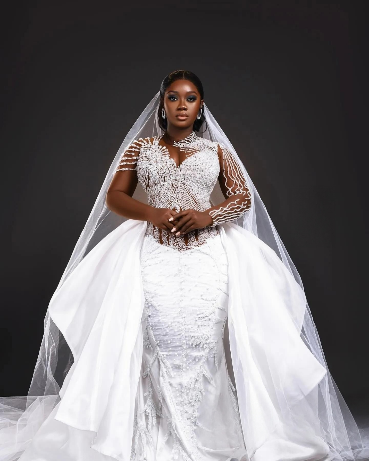 Arabic Aso Ebi Plus Size Mermaid Wedding Dress in White with Beaded Crystals Detachable Train and Luxurious Sexy Style