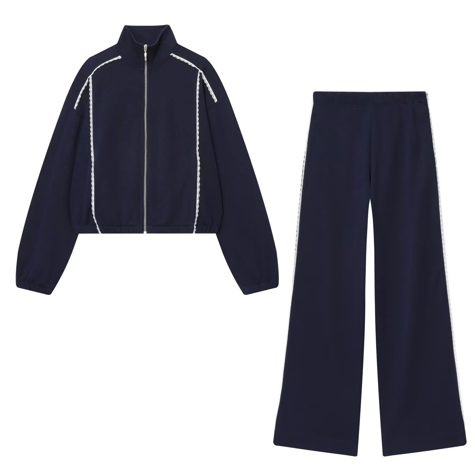 Autumn Product Womens Stand up Collar Long Sleeve Contrast Lace Loose HoodieElastic High Waist Wide Leg Pants 251027