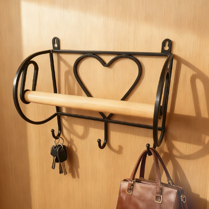 Vintage Black Iron Heart Paper Towel Holder with Wood Rod & 3 Hooks, Wall-Mounted Kitchen/Bathroom Organizer Rack