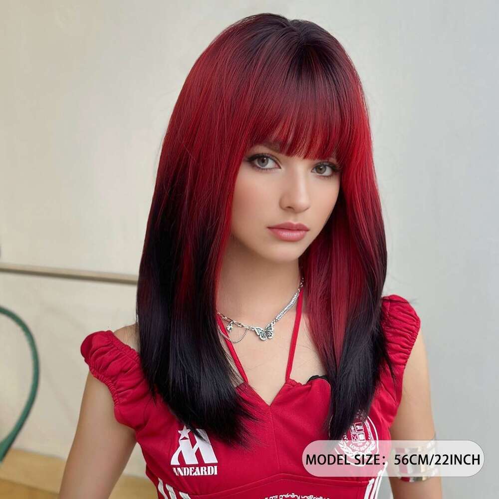 NAMM Women's Long Straight Dark Roots Synthetic Fiber Wig With Bangs Ends Brown Base, Comfortable Rose Net Cap, Pre-Styled Loose Layered Cosplay,