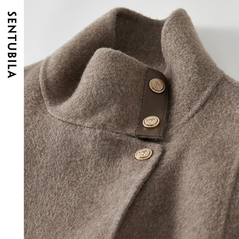 SENTUBILA Women Wool Blend Long Coat Winter Warm Outerwears Loose Fit Stand Neck Double Sided Belted Overcoat W44O56661 251027