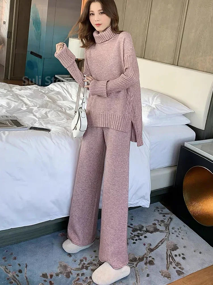 Sweater Set Warm suit for Women Winter Knitted Suits 2 Piece Soild Turtleneck Loose Trousers Office Lady Suit 251027