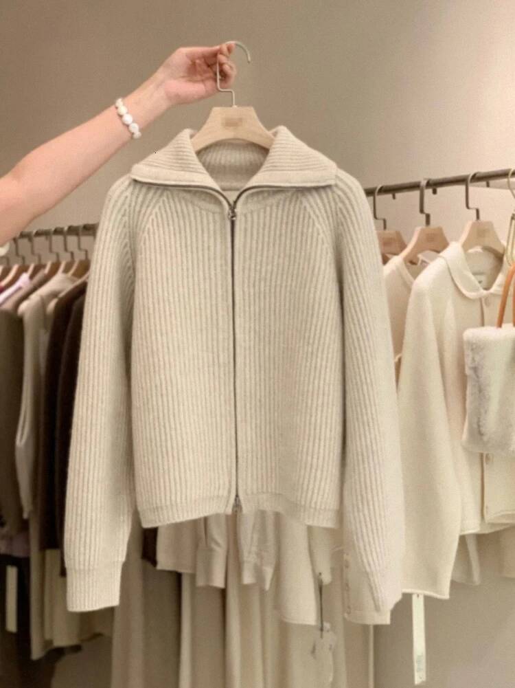 Zipper 100% Pure Cashmere Cardigan Ladies Knitted Coat Thickened Sweater Lapel Loose Autumn And Winter.