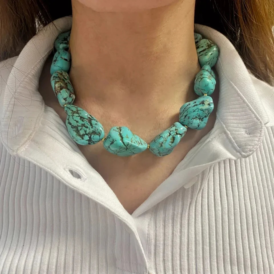 Irregular Natural Blue Turquoise Necklace for Her Bohemian Handmade Jewelry Short Necklace for Gift 251013