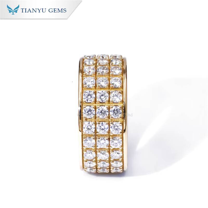 Tianyu Gems 414ctw Moissanite 3 Rows Pave Diamond Men Ring 25mm Round Cut Colorlss White Stone Band 14k 18k Yellow Gold Rings