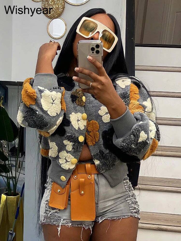 winter jacket women Streetwear Winter Warm Thick 3D Flowers Patchwork Jacket Women Puff Long Sleeve Single-breasted Baseball Coats Vintage Outwear