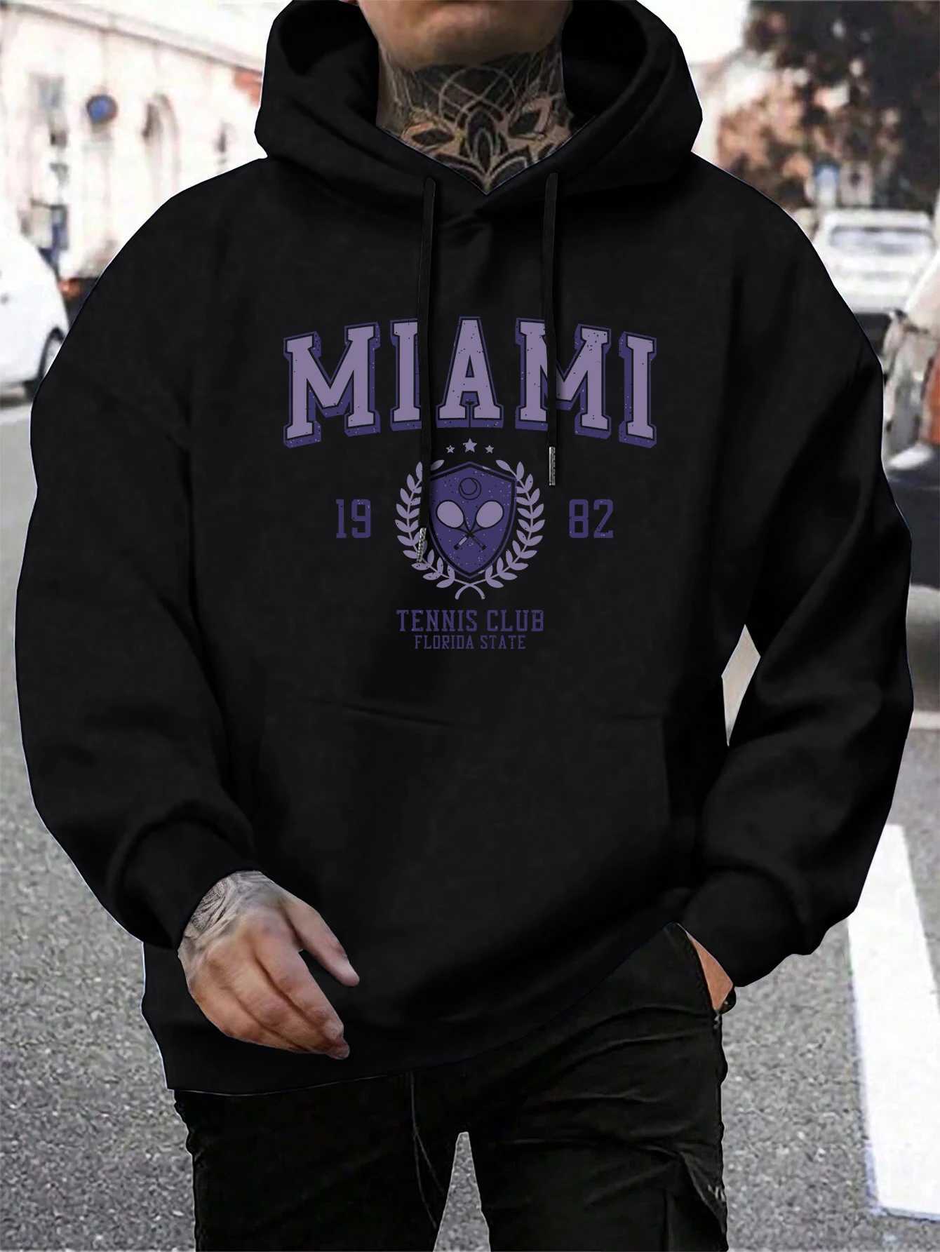 Miami 982 Letter Print Pullover MenS Fashion Quality Hooded Warm Casual Hoody Man Simple Loose Tops W251027