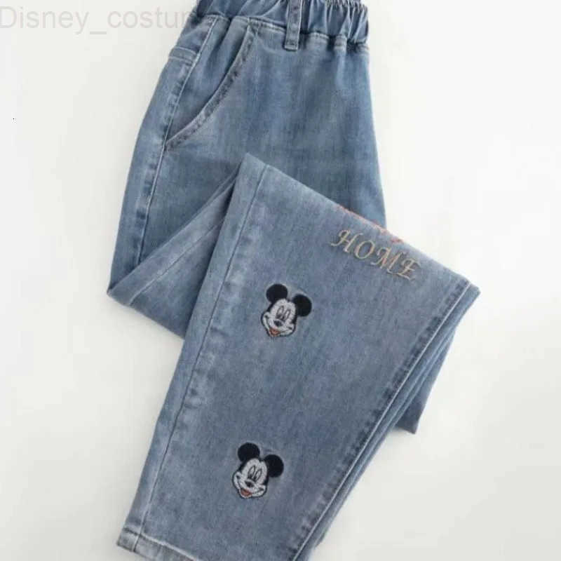 Disney Creative series Mickey womens new cute cartoon embroidery pattern simple fashion loose comfortable highwaisted jeans H251027