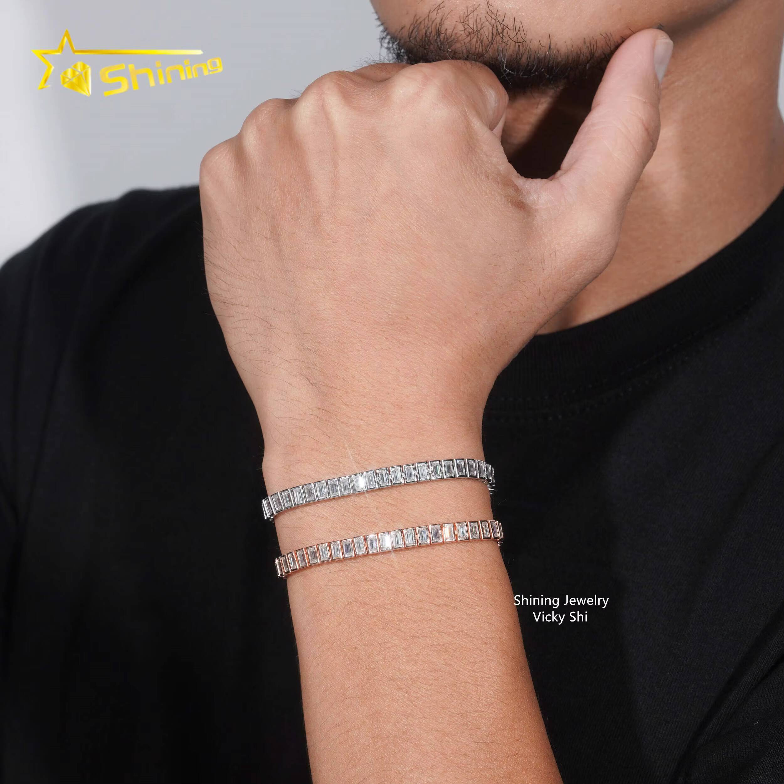 New Trendy Design Fine Jewelry Women Bracelet 925 Sterling Silver Bezel Emerald Cut Moissanite Tennis Chain Bracelet