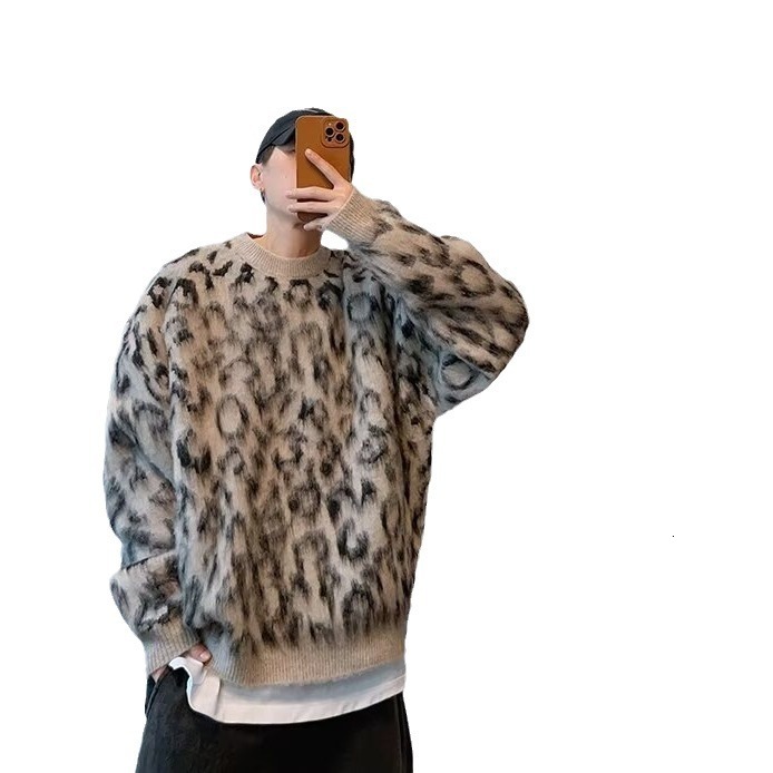 American High Street Leopard Print Sweater For Designer Sweater Men And Women Loose And Lazy Style Cool Street Hip-hop Style Warm Round Neck Knitted S