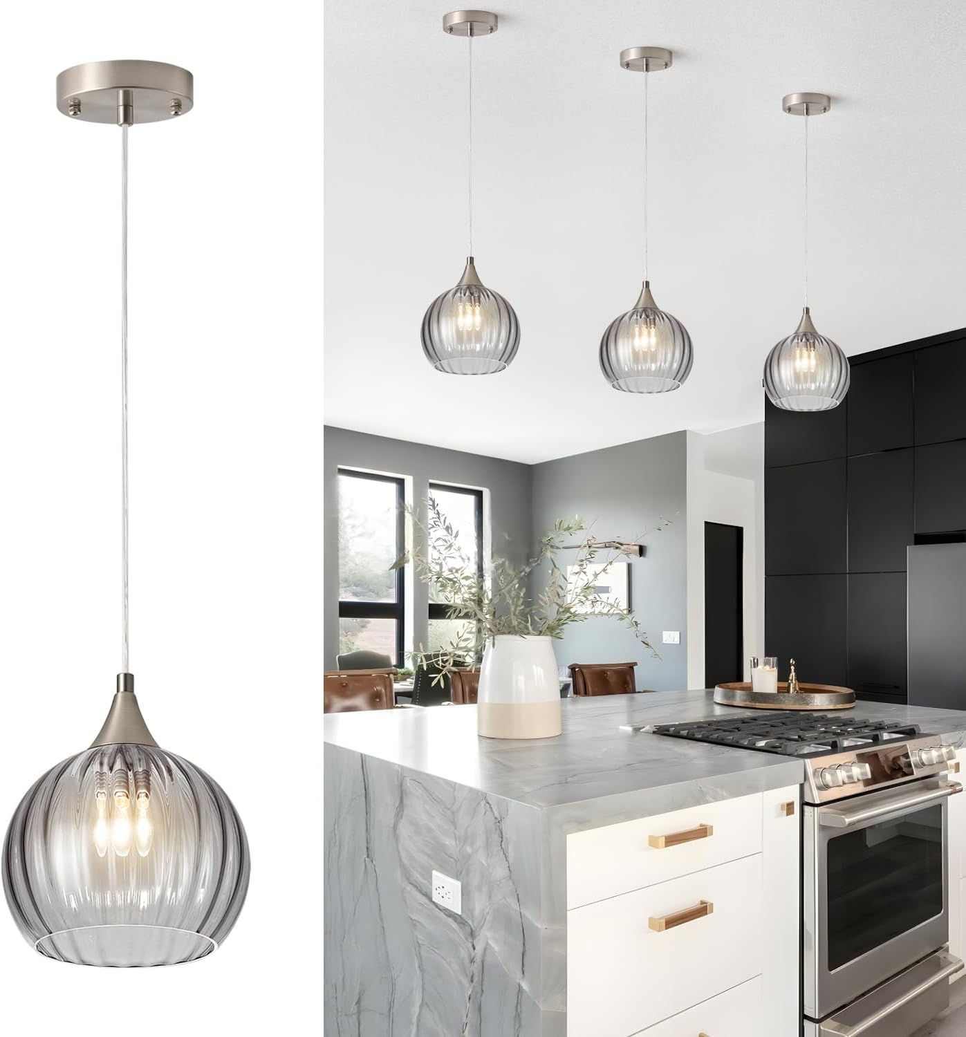 Brushed Nickel Pendant Kitchen Island, Globe Pendant Light Fixtures with 8 Inch Clear Glass Shade, Modern Hanging Light Fixtures for Kitchen, Bedroom