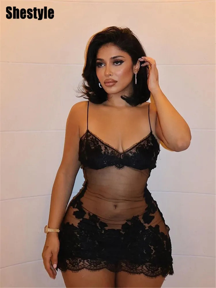 Shestyle Lace Transparent Mini Dress Sexy Women Wrapping Spaghetti Embroidery Flower Sheath Nightwear Club Mesh Wave Fantacy 251027