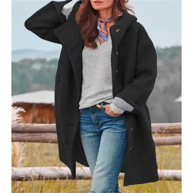 Women Solid Color Loose Cardigan Trench Coat Autumn Winter Woolen Coat Women Long Sleeve Single Breasted Hooded Woolen Long Coat M251027