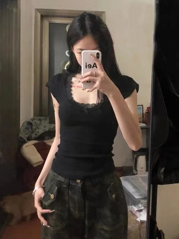 2025 Y2k Aesthetic Lace Patchwork Crop Top Streetwear Harajuku Women Vintage U Neck Tshirt Streetwear Bow Bottoming Grunge Tees 251027