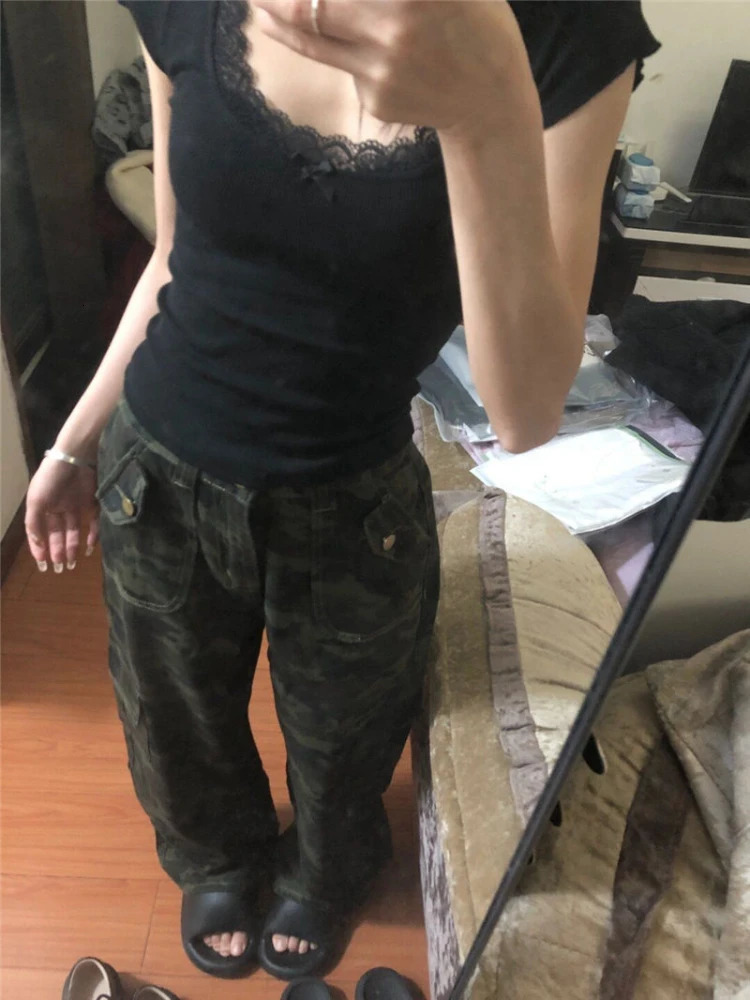 2025 Y2k Aesthetic Lace Patchwork Crop Top Streetwear Harajuku Women Vintage U Neck Tshirt Streetwear Bow Bottoming Grunge Tees 251027