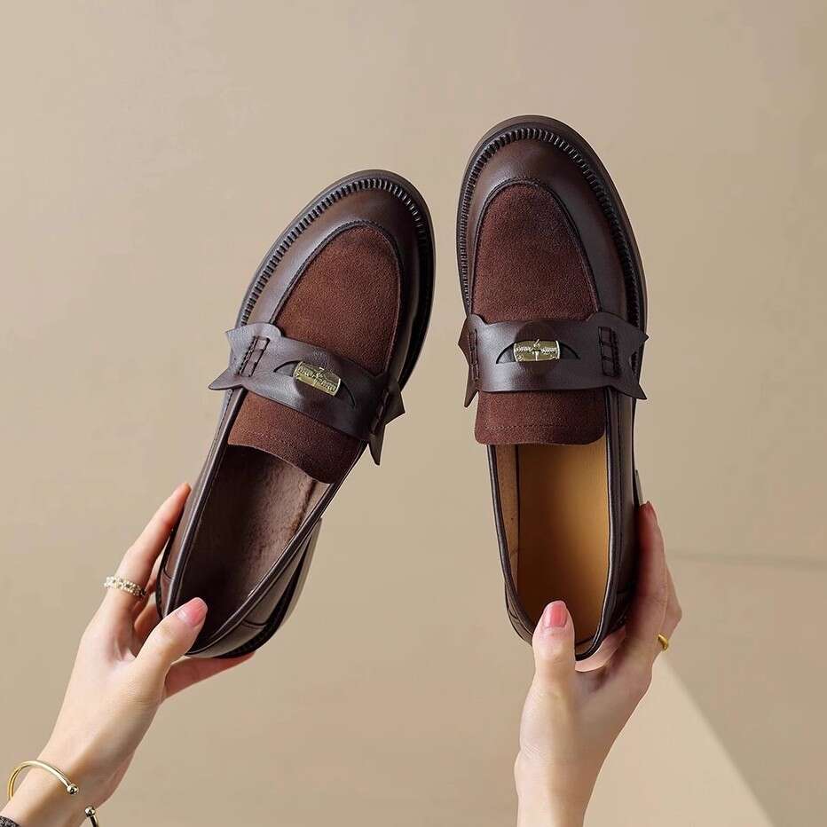 Genuine Brown Loafers Mid-Heel Single 2025 New European British Style Chunky Heel Versatile Small Leather Shoes