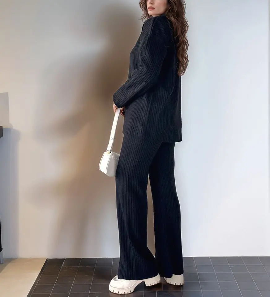 European and American Cross border Autumn Winter Womens Solid Color Zipper Knitted Set High Collar Pit Strip Home 251027