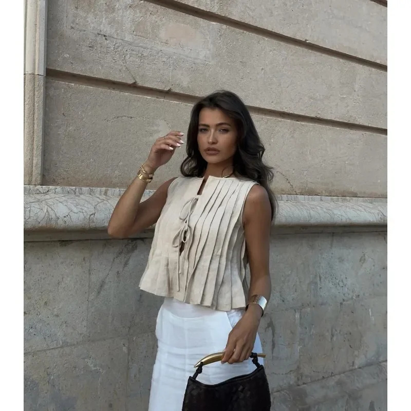 Trendix Solid Rib Bandage Sleeveless Vest For Women Hollow Out Patchwork Folds Slim Tank Tops Summer Fashion Sexy Lace Up Vest 251027