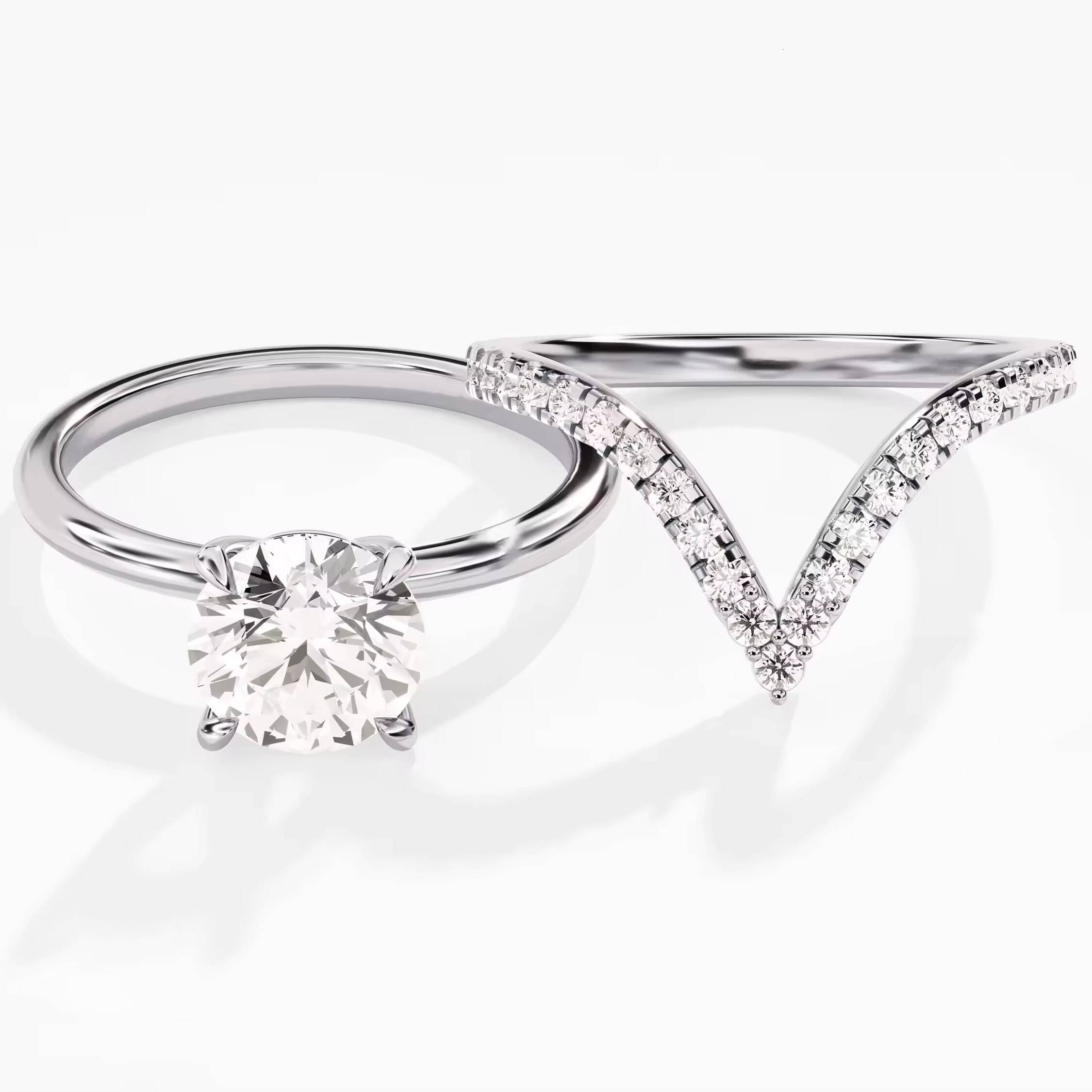 14k Gold Curved Diamond Band Bridal Set Unique Vintage Diamond Wedding Band Solitaire Ring for Womens