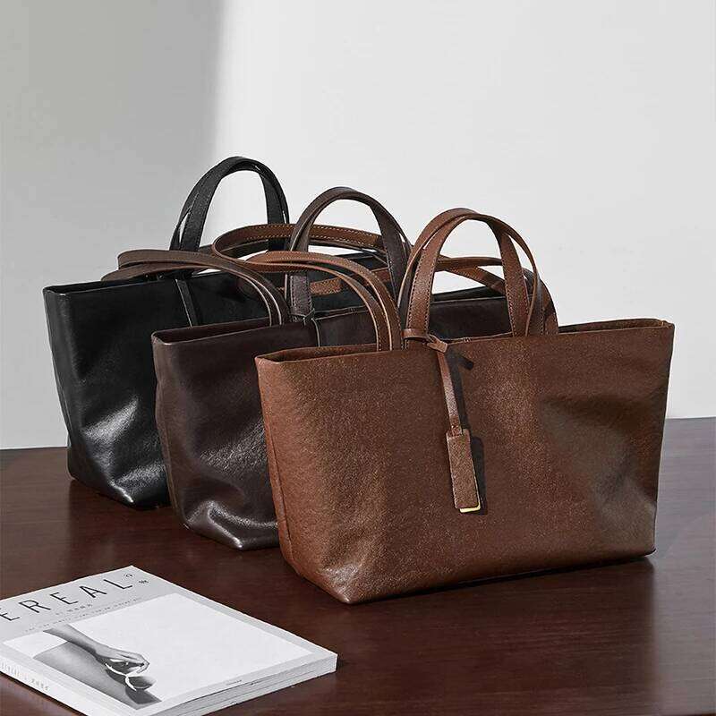Genuine Leather Women's Tote New Brand Large Capacity Soft Cowhide Solid Shoulder Bag Niche Crossbody Retro Coffee Handbag
