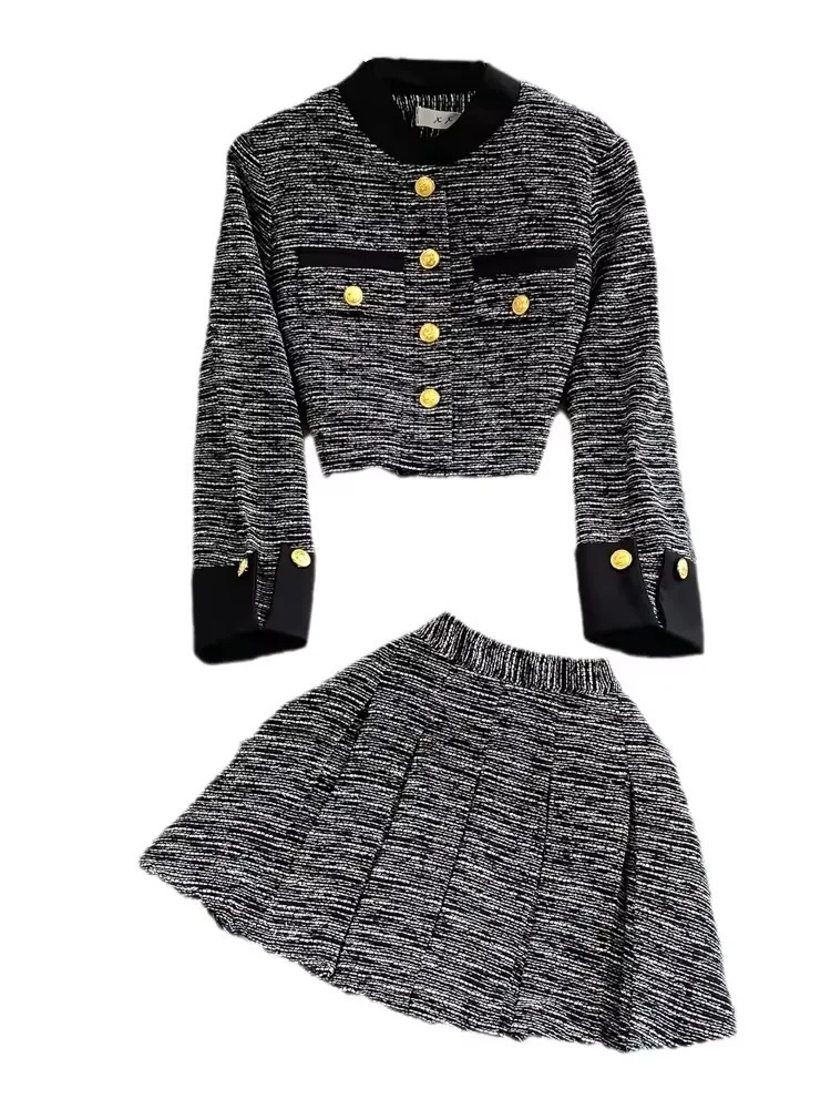 Fashion Set for Women Autumn Winter Tweed High Collar Short Wool Jacket TwoPiece HighWaisted ALine Pleated skirt suits 251023