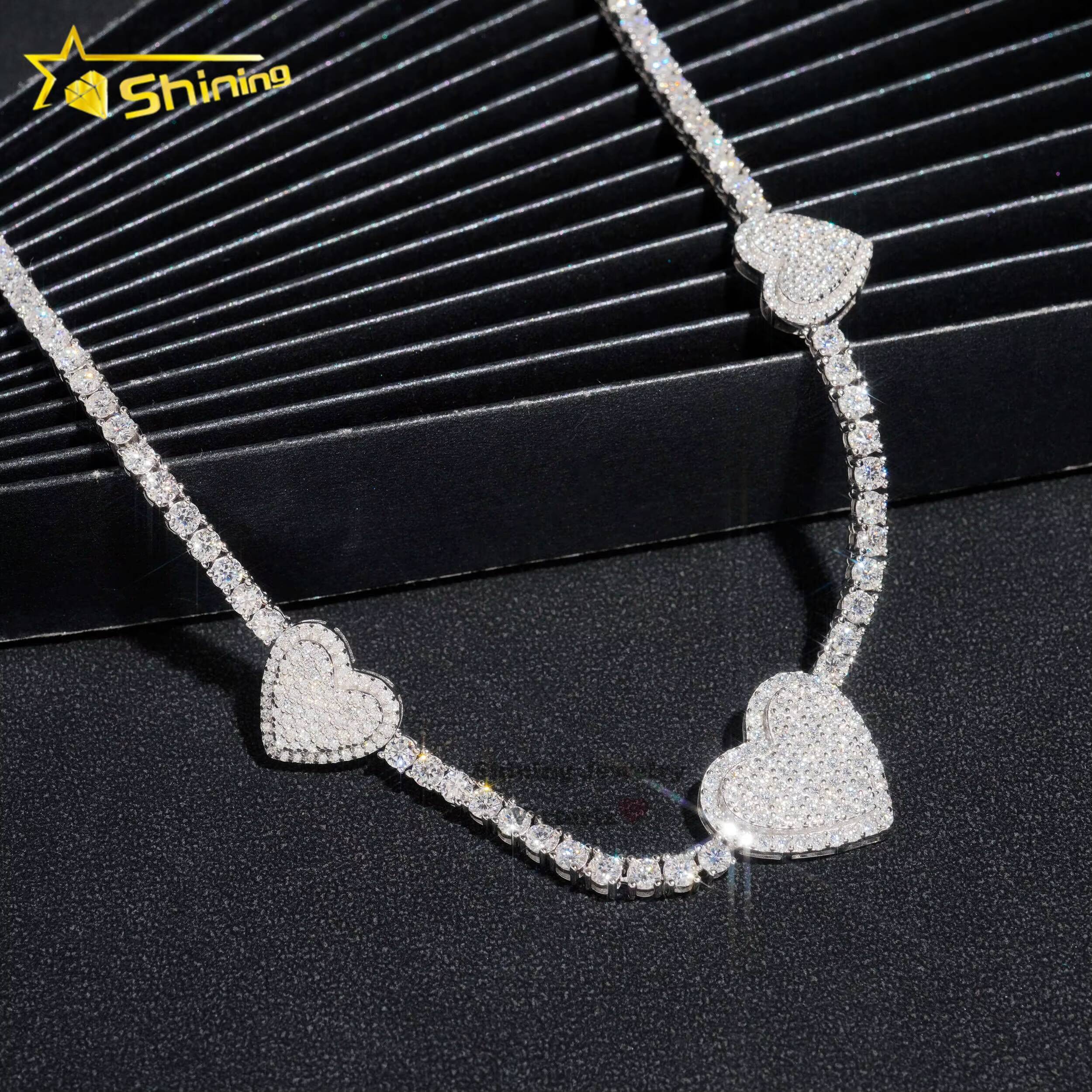 New Heart Collection Mens 3MM Gold Plated 925 Sterling Silver VVS Moissanite Diamond Iced Out Tennis Necklace Heart Pendant