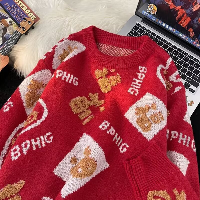 Red Festive Sweater With 'fu' Character For Men And Women Loose And Designer Sweater Lazy Style Knitted Top For Winter