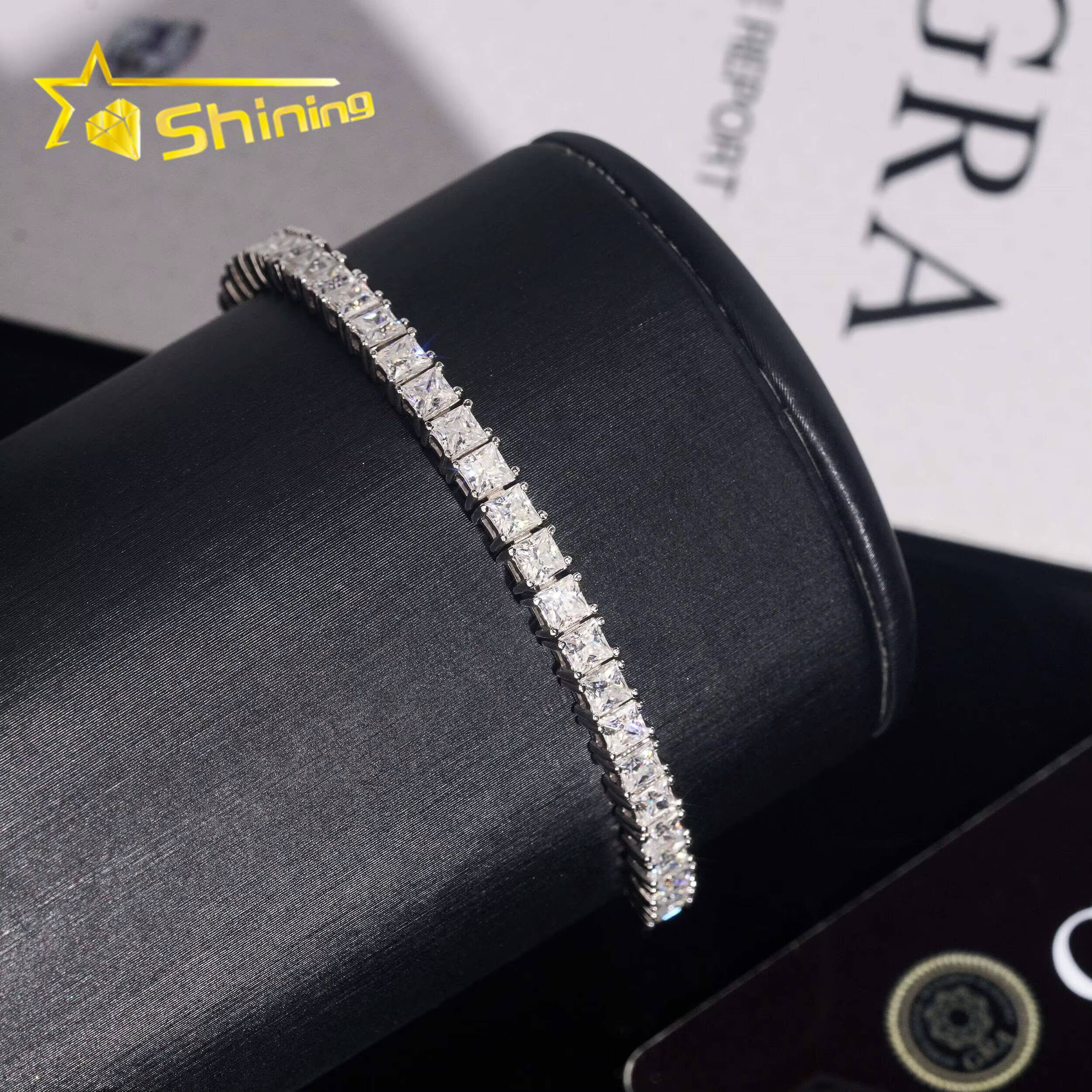 Classic Style Solid Silver 925 Hip Hop Jewelry Cuban Link Bracelet Iced Out Princess Cut 3mm Real Moissanite Tennis Bracelet