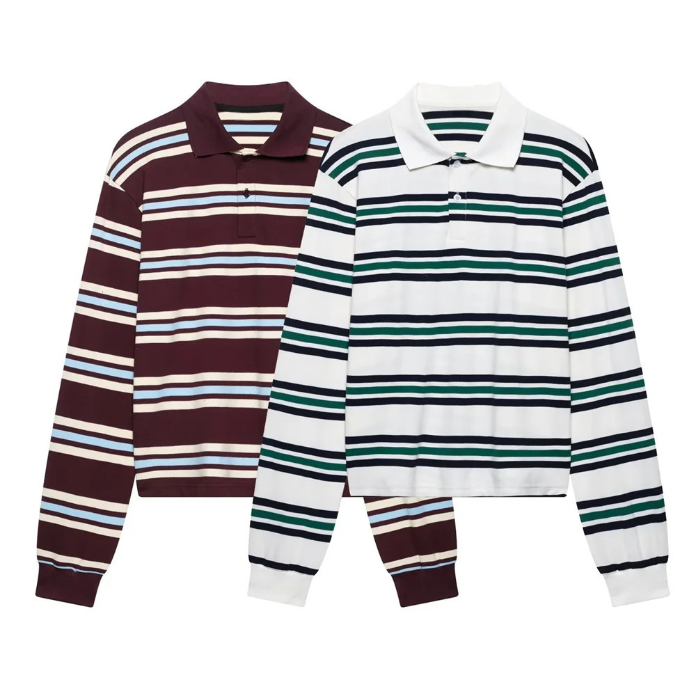 UNIZERA 2025 Womens Long Sleeve Striped Polo style Shirts in Burgundy and White with Contrasting Collars for a Casual Look 251027