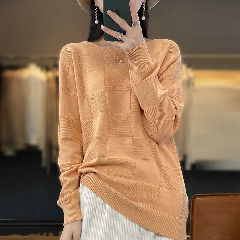Autumn Winter New Women 100 Cotton Soft Sweater Round Collar Square Pattern Pullover Loose Fashion Knitwear Casual Base TopT251027