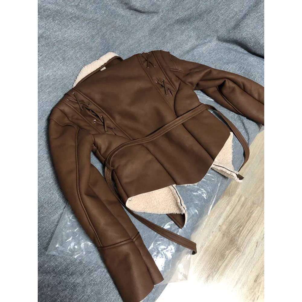 Leather Women's With Belt Fur Coat Streetwear Fashion Solid Outwear Woman Elegant Jackets Chaqueta De Cuero Para Mujer