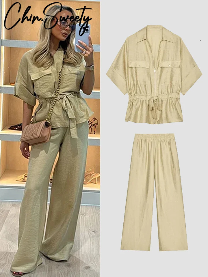 Casual Coat Pant Set Women Loose Zipper Vneck Lace Up Pleat Top Wide Leg Trousers Suit 2025 Summer Lady 2 Pieces Outfits 251013