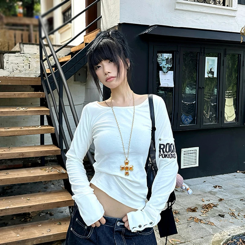 Tonngirls American Retro Print Tshirt Women Long Sleece Button Graphic Tops Y2k Tops 2000s Japanese Grunge Tops Egirls Autumn 251027