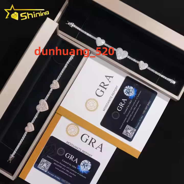 Worldwide Shipping 925 Silver Two Tone Three Heart Moissanite Tennis Bracelet Custom Men Women Hip Hop Moissanite Bracelets