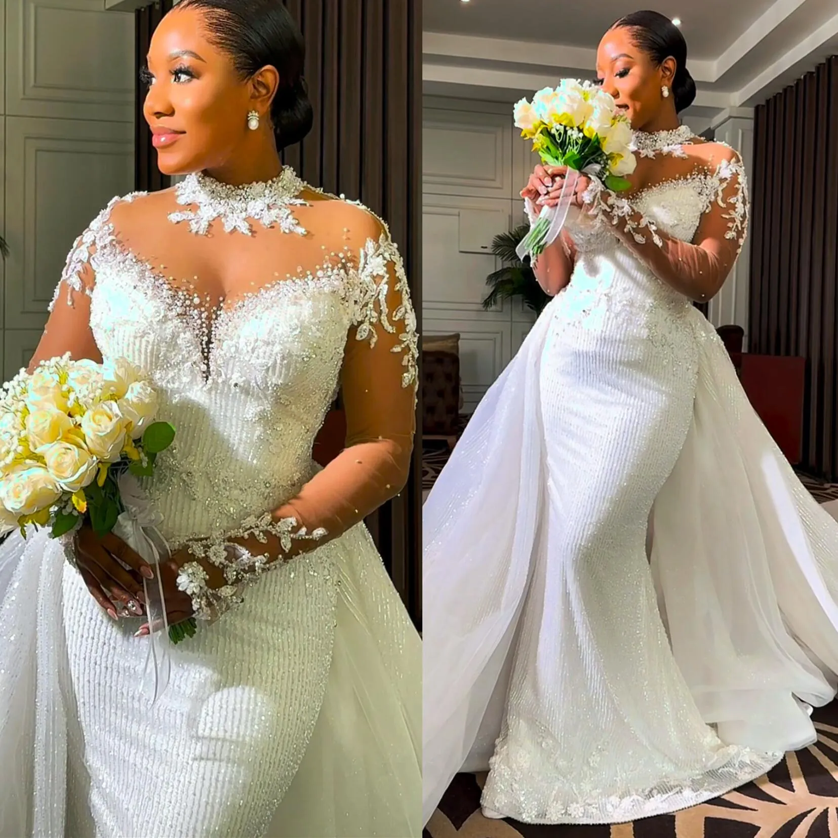 Arabic Aso Ebi Plus Size Wedding Dress in White with Florals Lace Beaded Sheer Neck and Sequined Detail