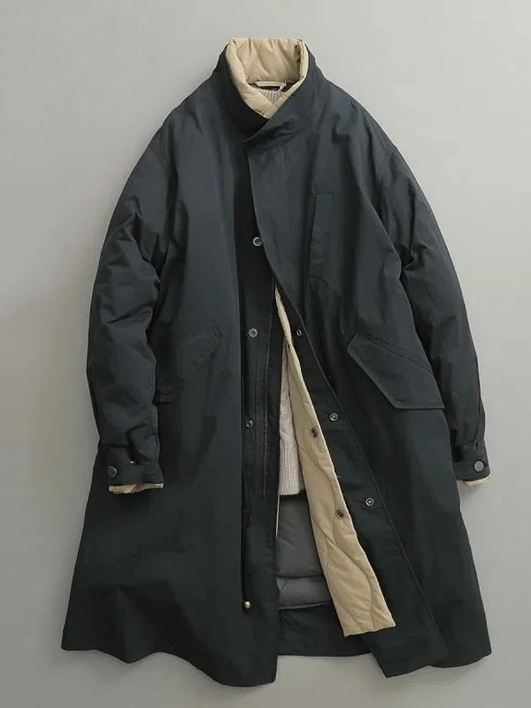 Cotton Padded Parka Army Green Vintage Two Piece Stand Collar Long Jacket Women Drawstring Big Pocket Coat 251027